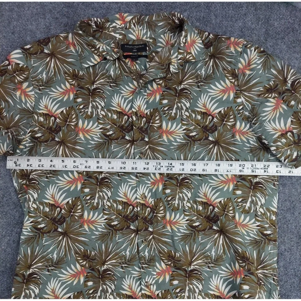 Banana Republic Linen Shirt‎ Mens Large Hawaiian Slim Fit Beach Safari Leaves